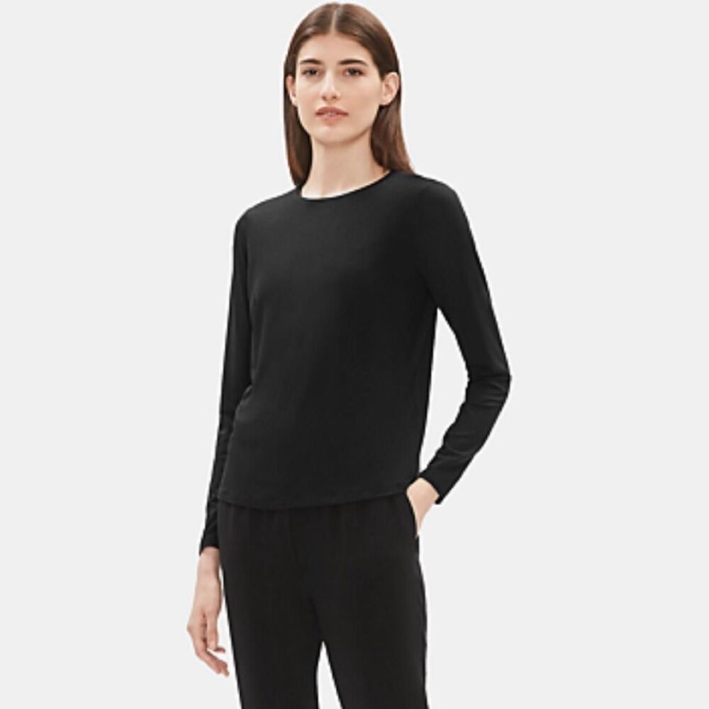 Eileen Fisher 100% Silk Top S/P Black Long Sleeve Crew Neck Minimalist